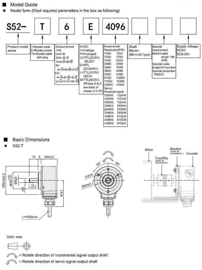 ABZUVW Signal Servo Motor Encoder , S52 Optical Motor Shaft Encoders